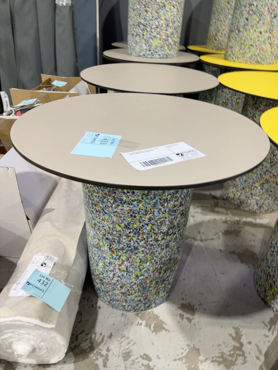 EX HIRE COLOURFUL ACRYLIC TABLE WITH GREY LAMINATE TOP, SOLD AS IS