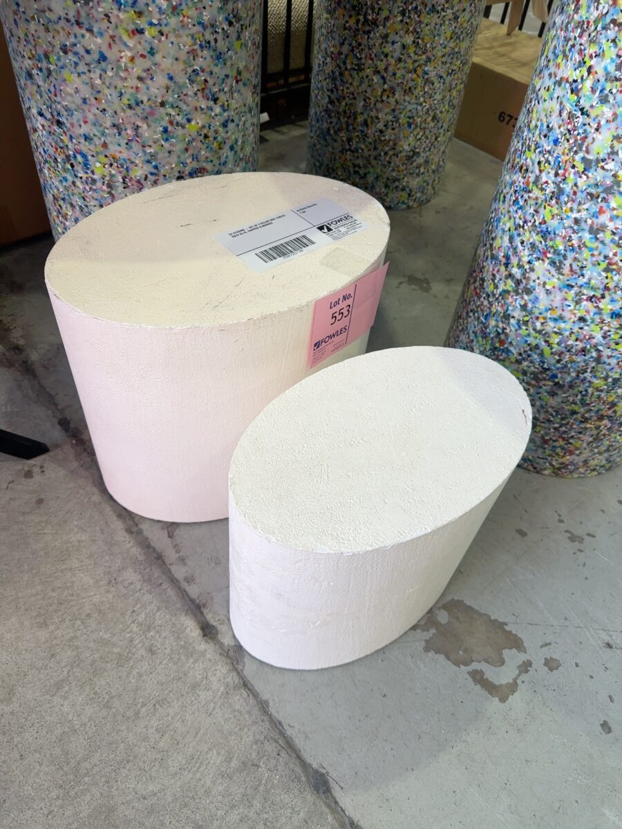 EX STAGING - SET OF 2 PILLAR SIDE TABLES, SOLD AS IS, CHIPPED & MARKED