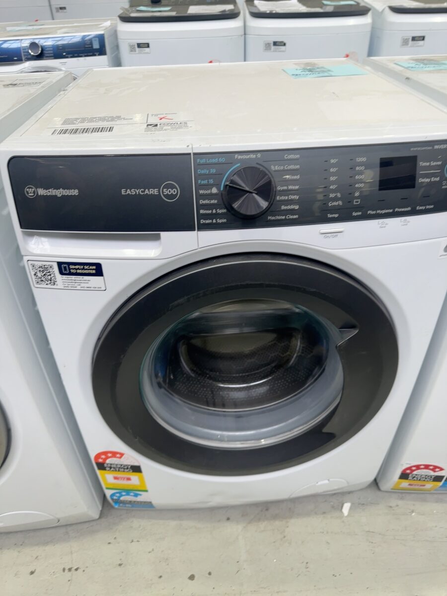 WESTINGHOUSE WWF8024M5WA, 8KG EASYCARE 500 FRONT LOAD WASHING MACHINE, 1200RPM, DURABLE INVERTER MOTOR, 3 FAST WASH PROGRAMS, 3XL DRUM OPENING, TIME DISPLAY, 12 MONTH WARRANTY