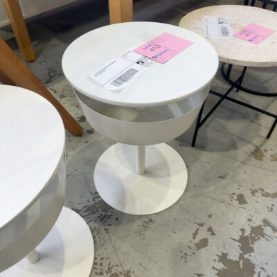 EX STAGING WHITE METAL OUTDOOR SIDE TABLE, SOLD AS IS