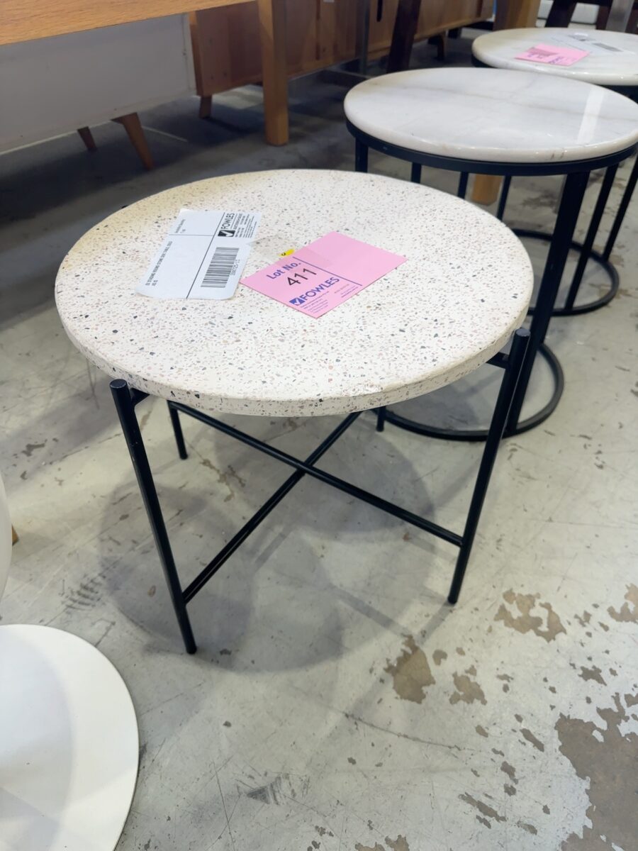 EX STAGING ROUND STONE SIDE TABLE, SOLD AS IS