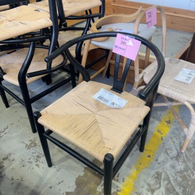 EX STAGING BLACK DINING CHAIR WITH WOVEN SEAT BASE, SOLD AS IS