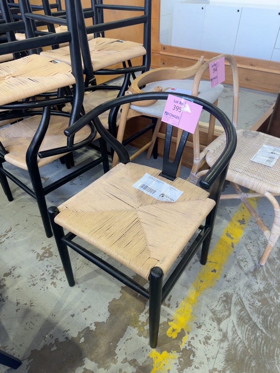 EX STAGING BLACK DINING CHAIR WITH WOVEN SEAT BASE, SOLD AS IS