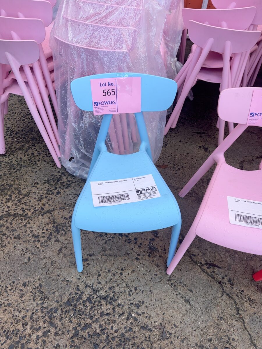 EX HIRE - BLUE ACRYLIC KIDS CHAIR, SOLD AS IS