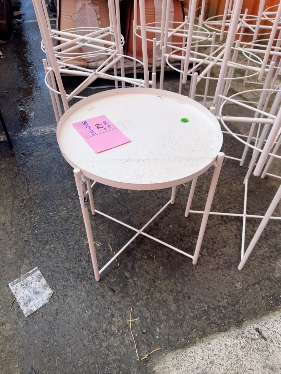 EX STAGING - METAL ROUND WHITE SIDE TABLE, SOLD AS IS