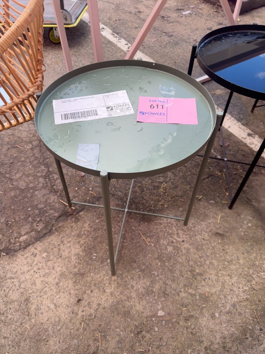 EX STAGING - METAL ROUND OLIVE SIDE TABLE, SOLD AS IS