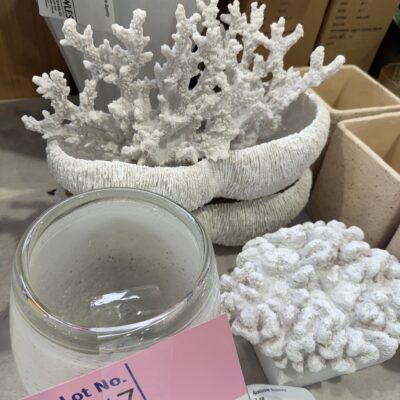 EX STAGING - LOT OF ASSORTED WHITE DECORATOR ITEMS, SOLD AS IS