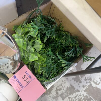 EX STAGING - BOX OF ASSORTED FOLIAGE/FAUX PLANTS, SOLD AS IS