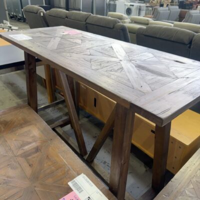 EX HIRE - DARK TIMBER BAR TABLE, CROSS LEG, HERRINGBONE, SOLD AS IS