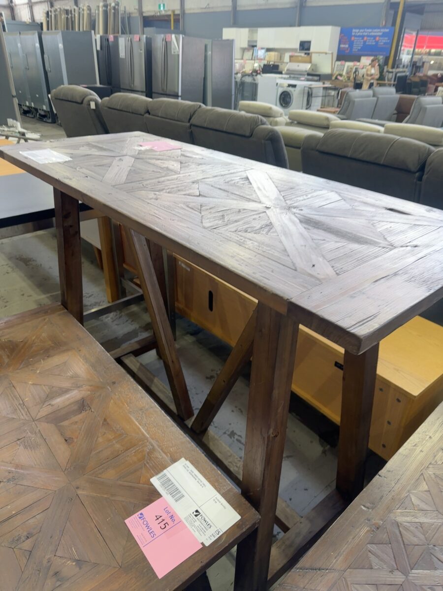 EX HIRE - DARK TIMBER BAR TABLE, CROSS LEG, HERRINGBONE, SOLD AS IS
