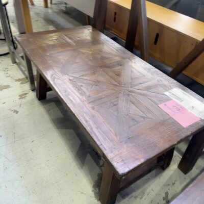 EX HIRE - DARK TIMBER COFFEE TABLE, CROSS LEG, HERRINGBONE, SOLD AS IS
