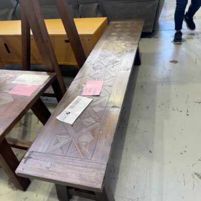 EX HIRE - DARK TIMBER LONG BENCH SEAT, CROSS LEG, HERRINGBONE, SOLD AS IS