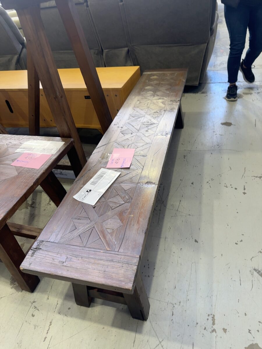 EX HIRE - DARK TIMBER LONG BENCH SEAT, CROSS LEG, HERRINGBONE, SOLD AS IS