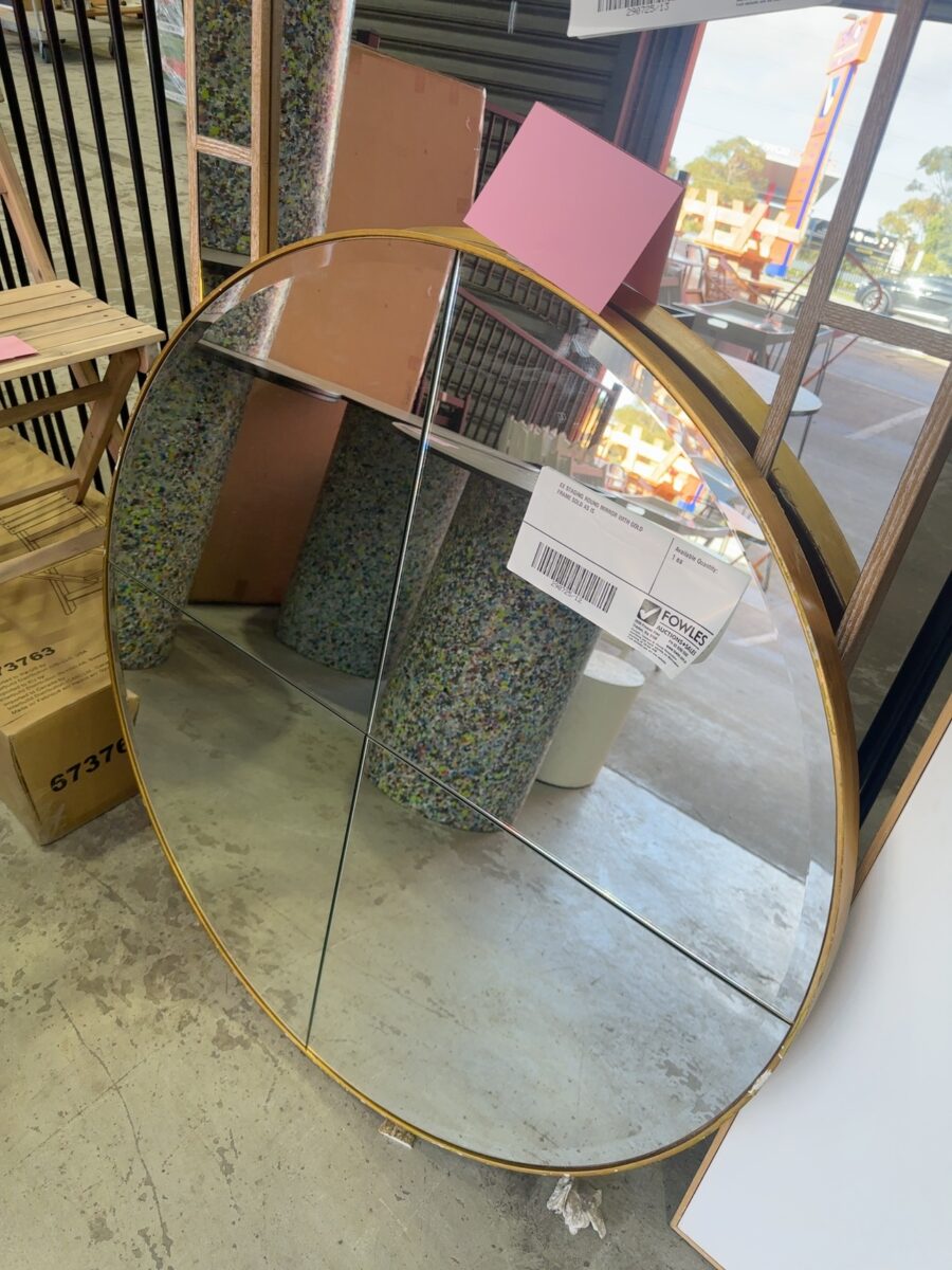 EX STAGING ROUND MIRROR WITH GOLD FRAME SOLD AS IS