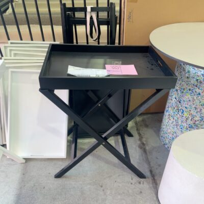EX STAGING BLACK TIMBER CROSS LEG TRAY TABLE SOLD AS IS