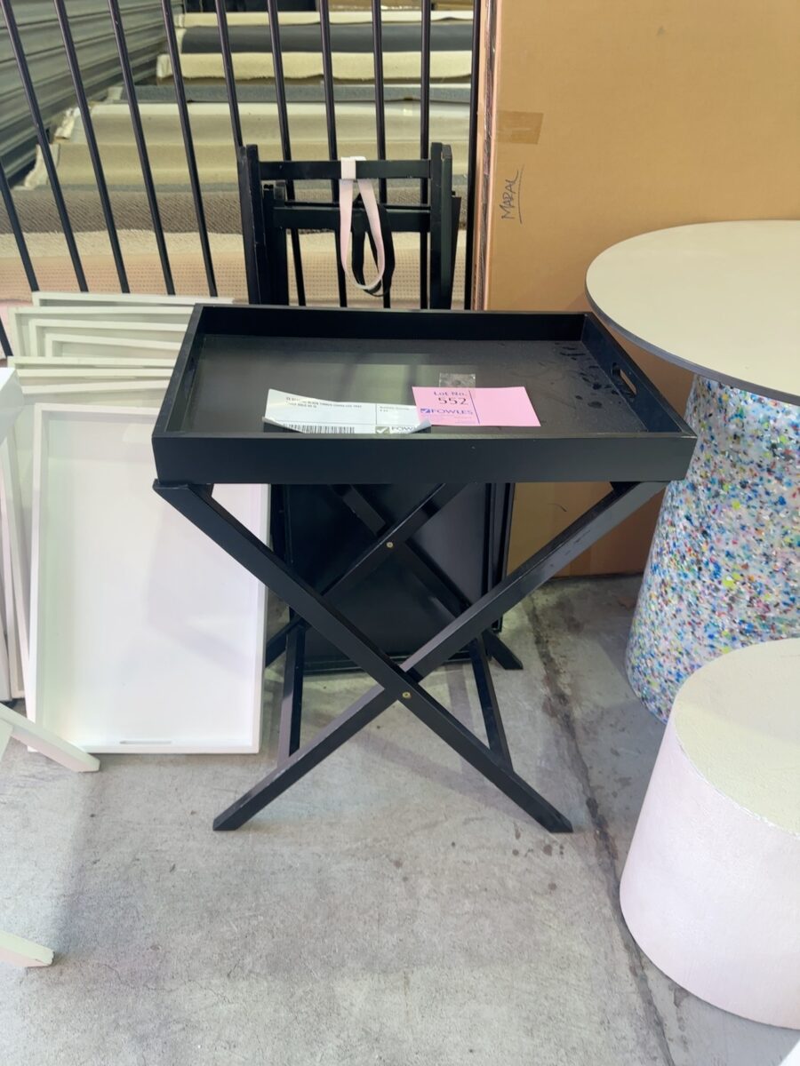 EX STAGING BLACK TIMBER CROSS LEG TRAY TABLE SOLD AS IS