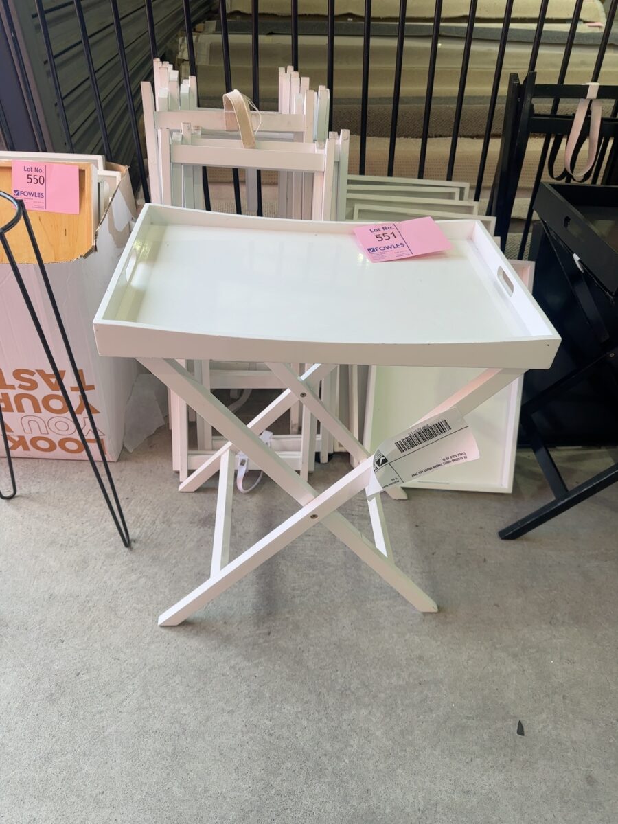 EX STAGING WHITE TIMBER CROSS LEG TRAY TABLE SOLD AS IS