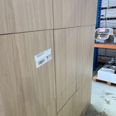 SAMPLE KITCHEN - OAK LAMINATE 2 X BIN SYSTEMS WITH STORAGE, PANTRY AND LONG SECTION OF OVERHEADS, SOLD AS IS