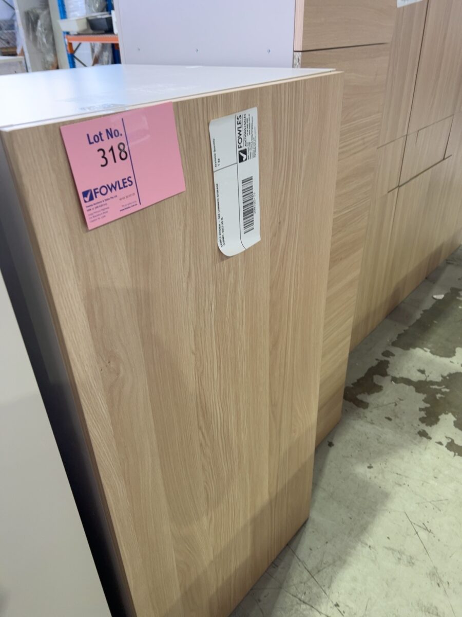 SAMPLE KITCHEN - OAK LAMINATE STORAGE CABINET, SOLD AS IS