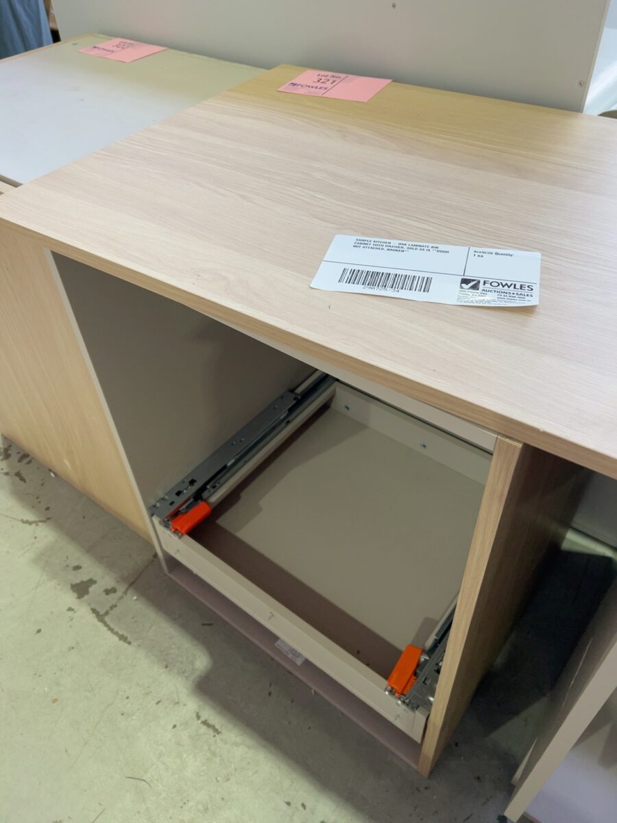 SAMPLE KITCHEN - OAK LAMINATE BIN CABINET WITH DRAWER, SOLD AS IS **DOOR NOT ATTACHED, BROKEN**