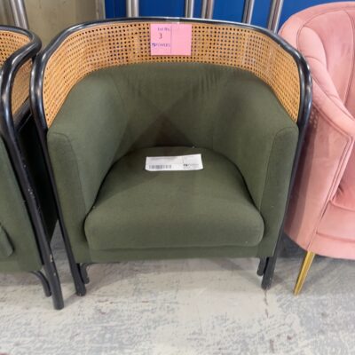 EX HIRE DARK GREEN ARMCHAIR, WITH BLACK FRAME AND RATTAN DETAIL, SOLD AS IS - DARK RATTAN