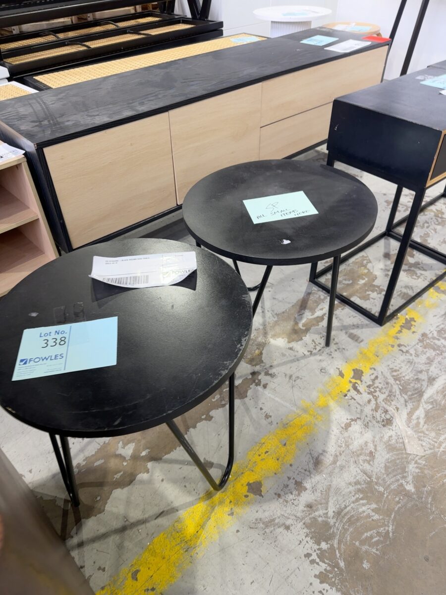 EX STAGING -BLACK ROUND SIDE TABLE, SOLD AS IS
