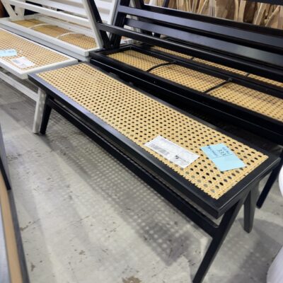 EX HIRE SHIBUI RATTAN BENCH SEAT, BLACK METAL FRAME, SOLD AS IS