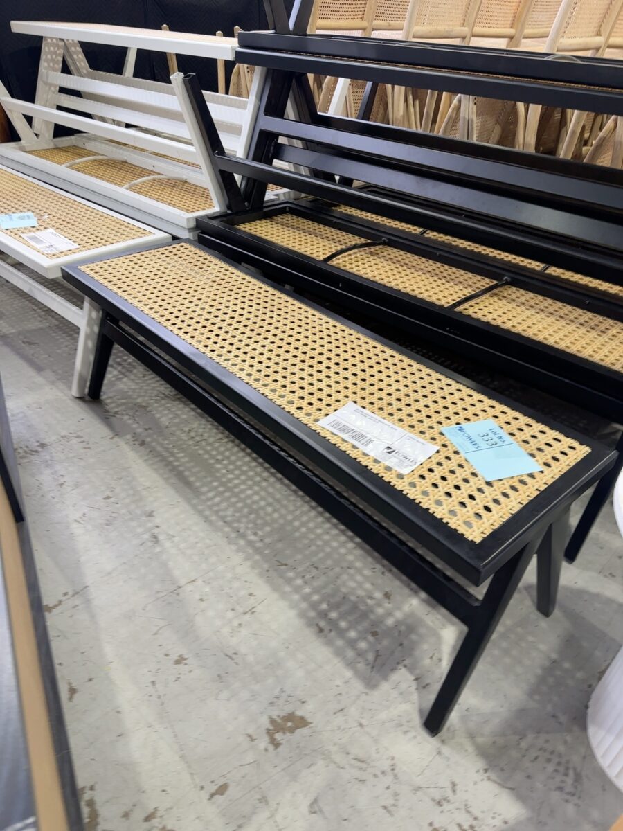 EX HIRE SHIBUI RATTAN BENCH SEAT, BLACK METAL FRAME, SOLD AS IS