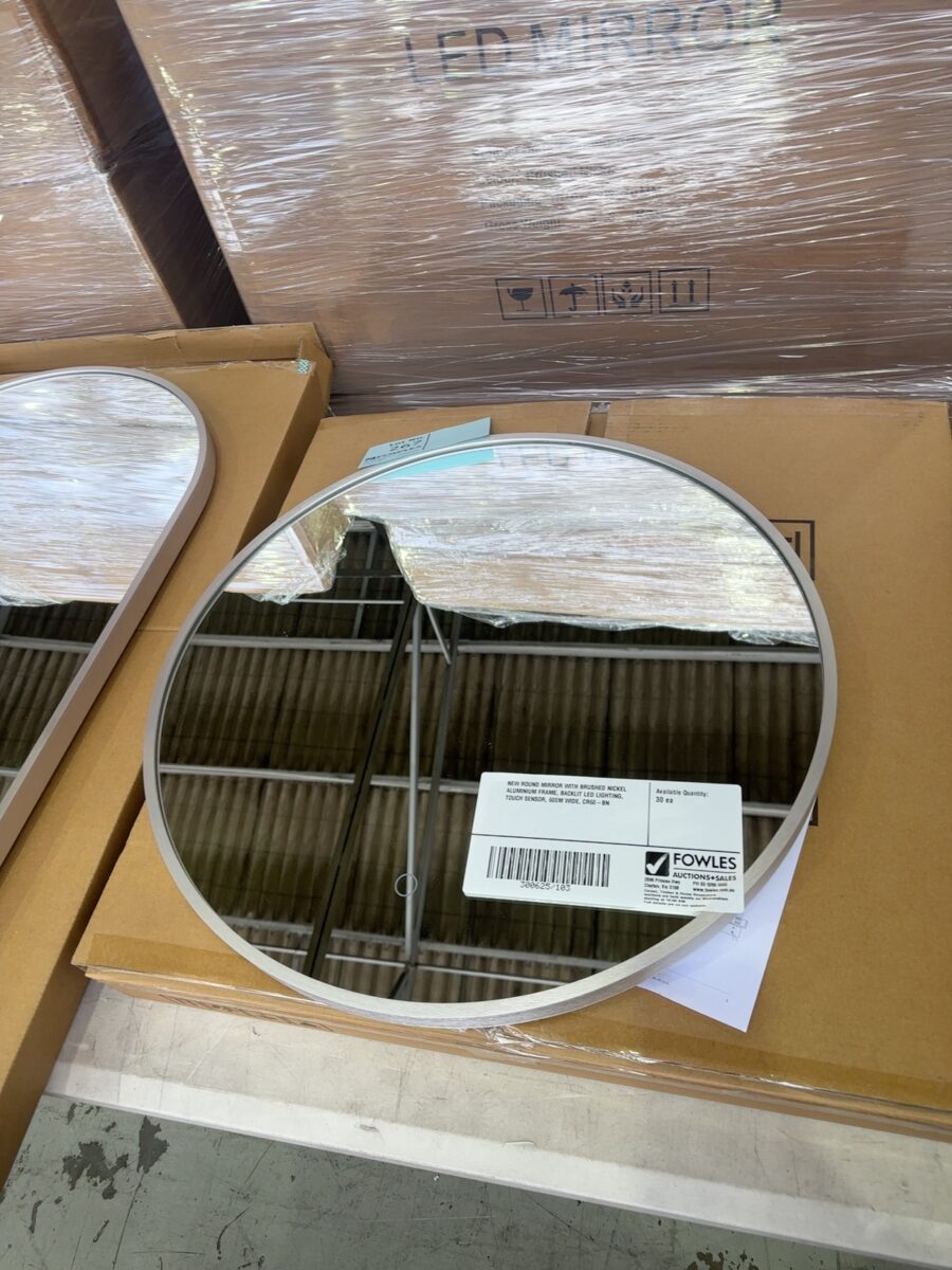 NEW ROUND MIRROR WITH BRUSHED NICKEL ALUMINIUM FRAME, BACKLIT LED LIGHTING, TOUCH SENSOR, 600M WIDE, CR60-BN