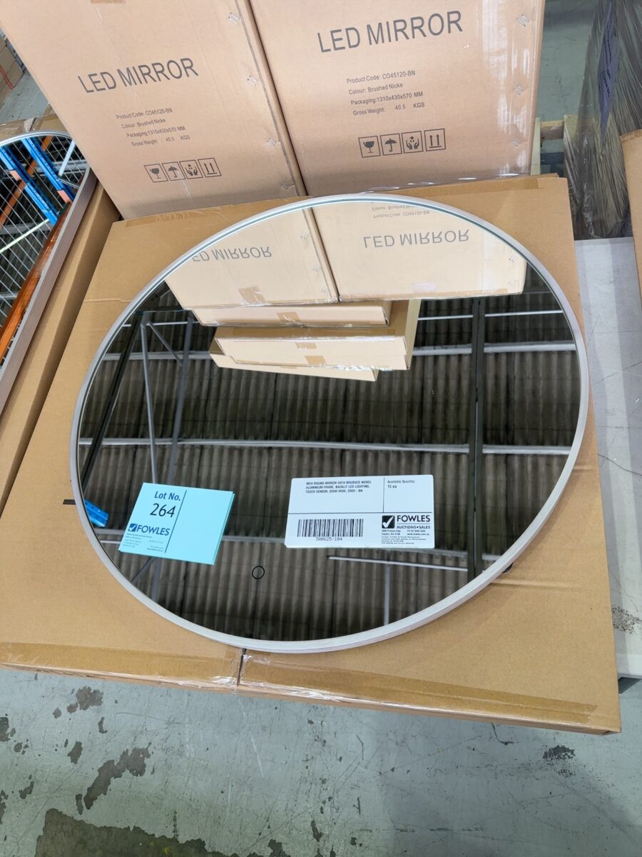 NEW ROUND MIRROR WITH BRUSHED NICKEL ALUMINIUM FRAME, BACKLIT LED LIGHTING, TOUCH SENSOR, 800M WIDE, CR80-BN