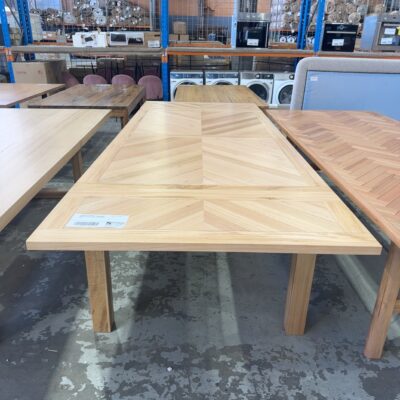 EX DISPLAY FLINDERS NATURAL EXTENSION DINING TABLE, MESSMATE, HERRINGBONE DESIGN, EXTENDS 2100MM TO 3000MM SOLD AS IS