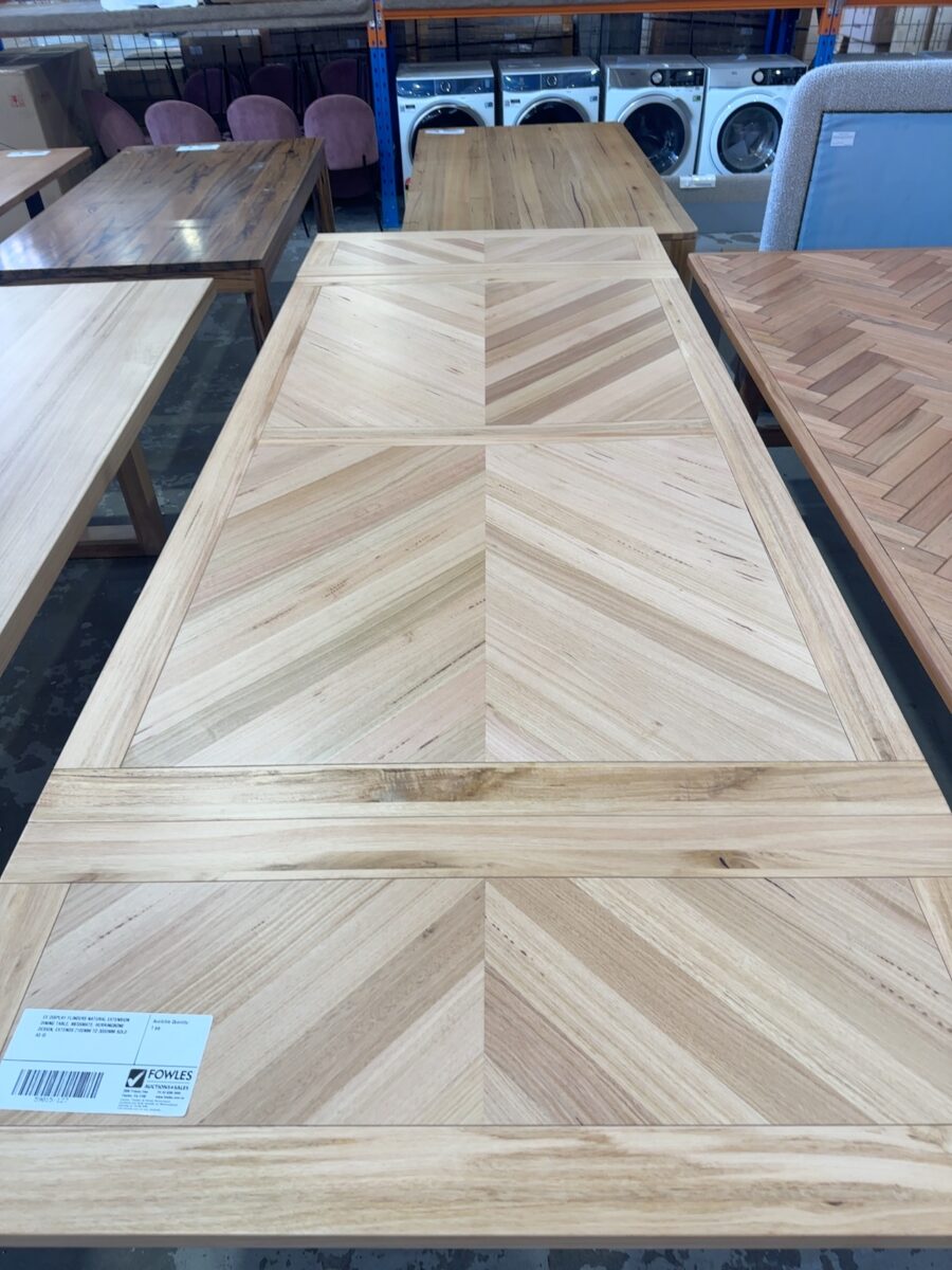 EX DISPLAY FLINDERS NATURAL EXTENSION DINING TABLE, MESSMATE, HERRINGBONE DESIGN, EXTENDS 2100MM TO 3000MM SOLD AS IS