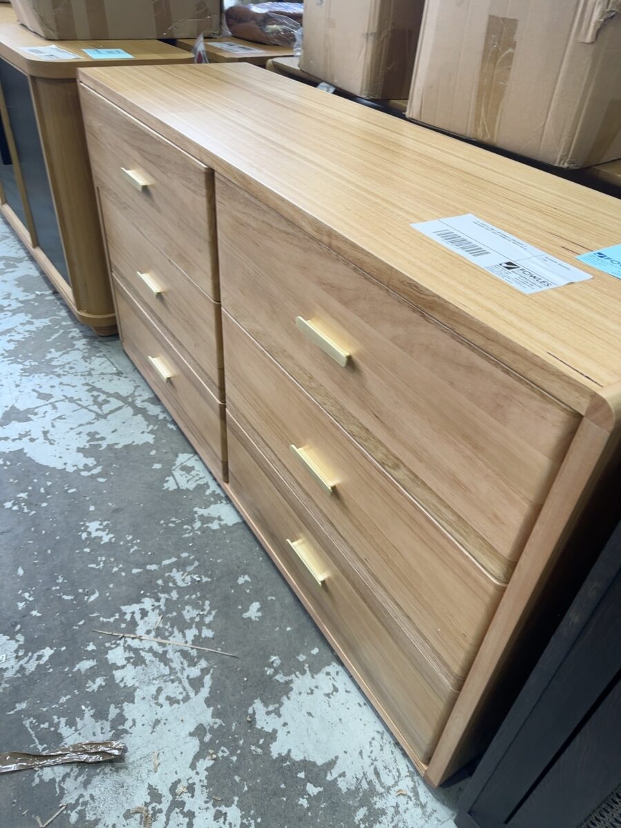 EX DISPLAY MILA MESSMATE DRESSER, 6 DRAWERS WITH GOLD HANDLES, SOLD AS IS