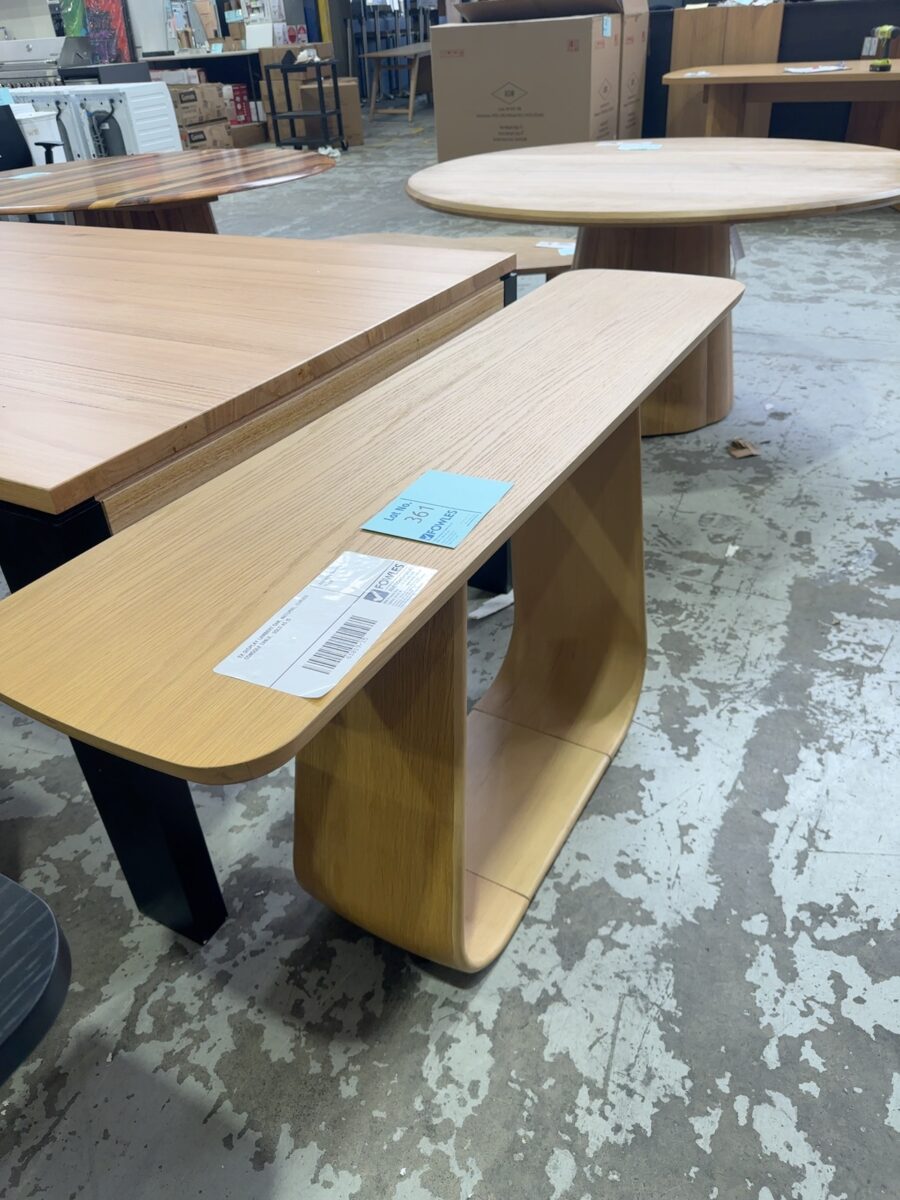 EX DISPLAY LAMBERT OAK, NATURAL, CURVED CONSOLE TABLE,  SOLD AS IS