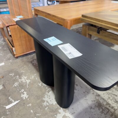 EX DISPLAY LEONARD OAK, BLACK, CURVED CONSOLE TABLE, SOLD AS IS