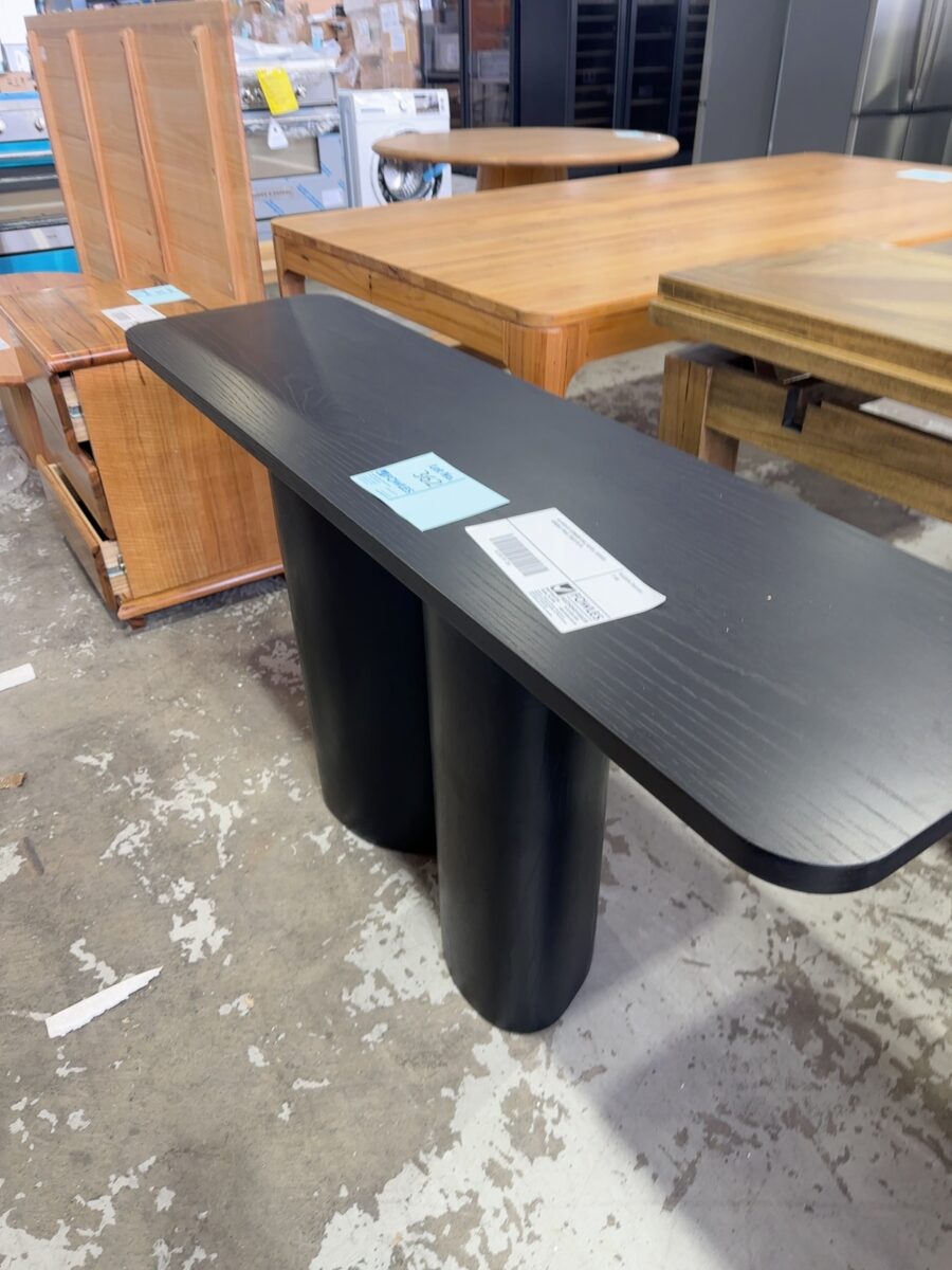EX DISPLAY LEONARD OAK, BLACK, CURVED CONSOLE TABLE, SOLD AS IS