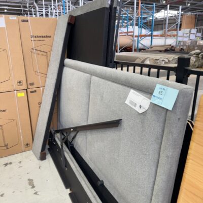 EX DISPLAY BENTLEY LIGHT GREY KING SIZE BEDFRAME, GAS LIFT SOLD AS IS