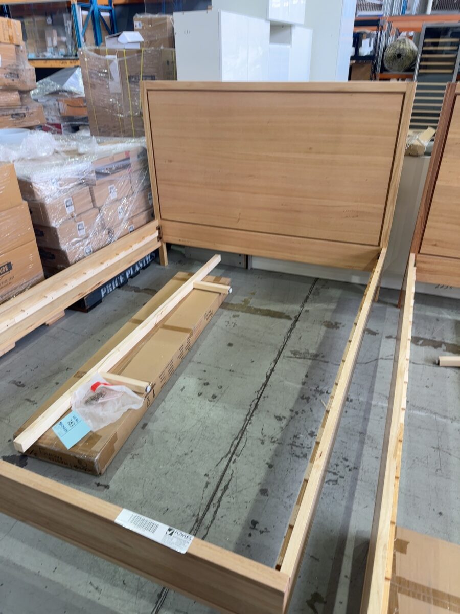 CLEARANCE JEDDA QUEEN SIZE BED FRAME, MESSMATE TIMBER, SOLD AS IS