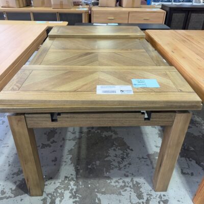 EX DISPLAY FLINDERS SMOKE EXTENSION DINING TABLE, HERRINGBONE DESIGN, MESSMATE TIMBER, 1800MM TO 2700MM **PLEASE NOTE THERE ARE NO EXTENSION HINGES SUPPLIED, SOLD AS IS**
