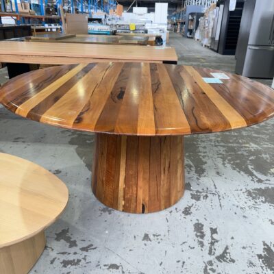 EX DISPLAY JINDALEE MARRI TIMBER 1600MM ROUND DINING TABLE ON TAPERED PEDESTAL, SOLD AS IS **CRACK IN TIMBER**