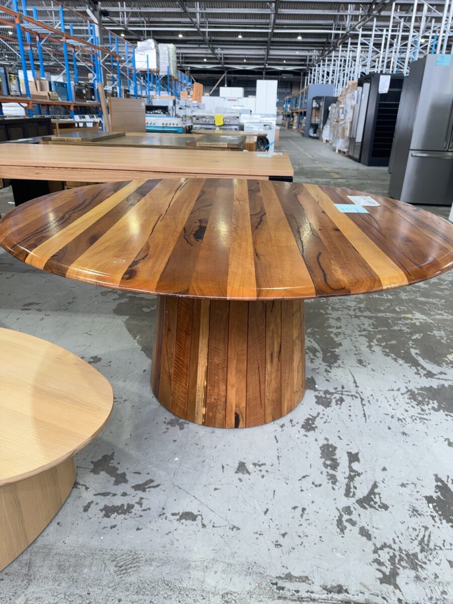 EX DISPLAY JINDALEE MARRI TIMBER 1600MM ROUND DINING TABLE ON TAPERED PEDESTAL, SOLD AS IS **CRACK IN TIMBER**