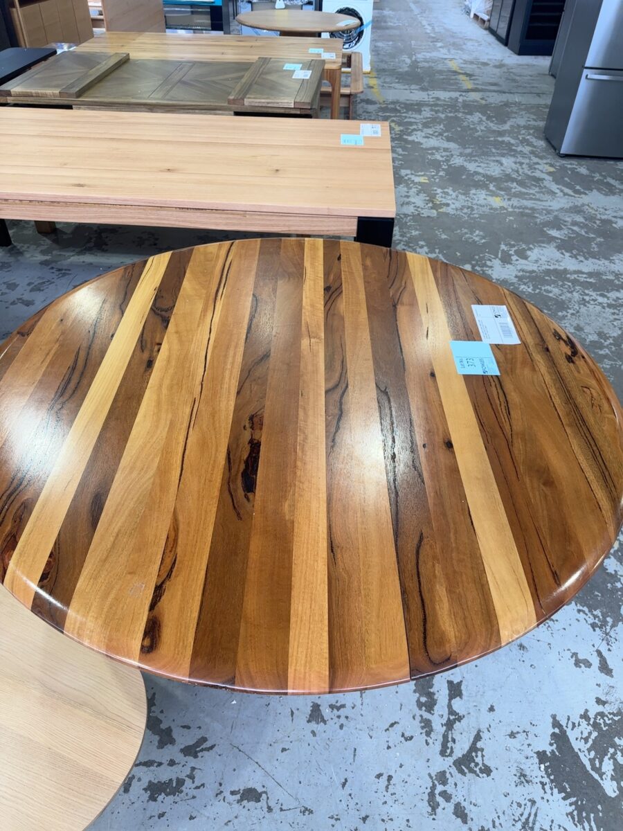 EX DISPLAY JINDALEE MARRI TIMBER 1600MM ROUND DINING TABLE ON TAPERED PEDESTAL, SOLD AS IS **CRACK IN TIMBER**