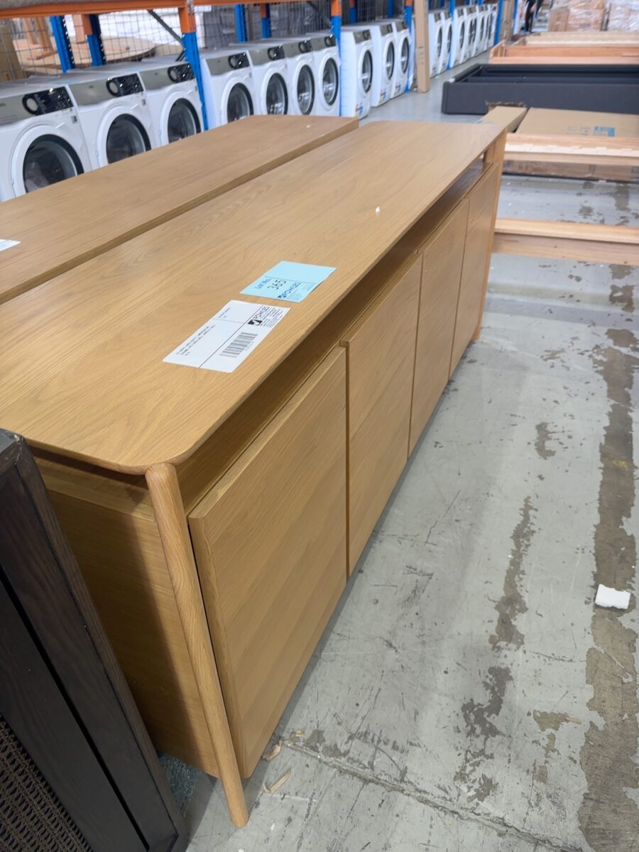 EX DISPLAY ARIES BUFETT, AMERICAN OAK 2000MM, WITH OPEN SHELF, RRP$2157 SOLD AS IS