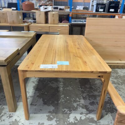 EX DISPLAY ALESSA WORMY CHESTNUT CURVED EDGE DINING TABLE, 2000MM SOLD AS IS