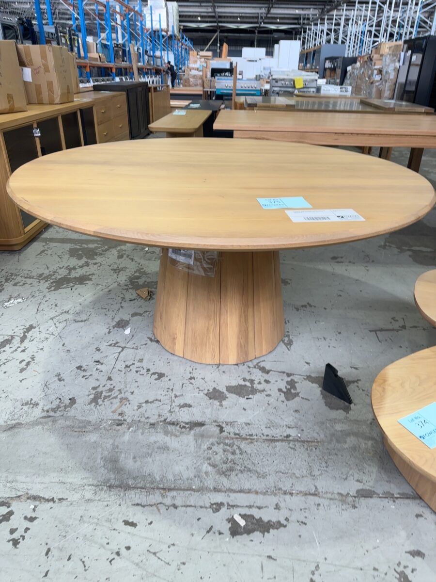 EX DISPLAY BLOOM 1600MM ROUND TABLE ON TAPERED BASE, NATURAL OAK, RRP$1799 SOLD AS IS