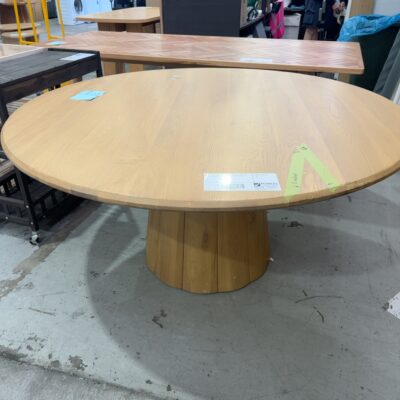 EX DISPLAY BLOOM 1600MM ROUND TABLE ON TAPERED BASE, NATURAL OAK, RRP99 SOLD AS IS **SLIGHT SMALL CRACK IN TOP**