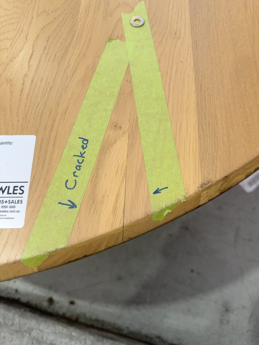 EX DISPLAY BLOOM 1600MM ROUND TABLE ON TAPERED BASE, NATURAL OAK, RRP$1799 SOLD AS IS **SLIGHT SMALL CRACK IN TOP**