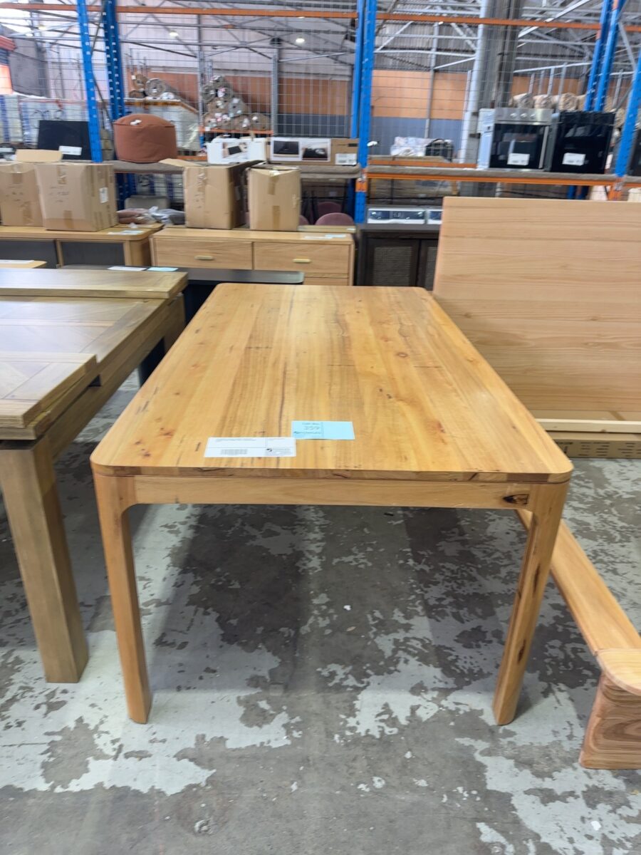 EX DISPLAY ALESSA WORMY CHESTNUT CURVED EDGE DINING TABLE, 2000MM SOLD AS IS
