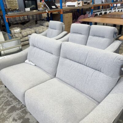 NEW SAMPLE COUCH - BENNETT LOUNGE SUITE, POLAR GREY BOUCLE UPHOLSTERY 3 SEATER, 2 SEATER AND SINGLE ARMCHAIR, ALL WITH ELECTRIC RECLINERS, SOLD AS IS