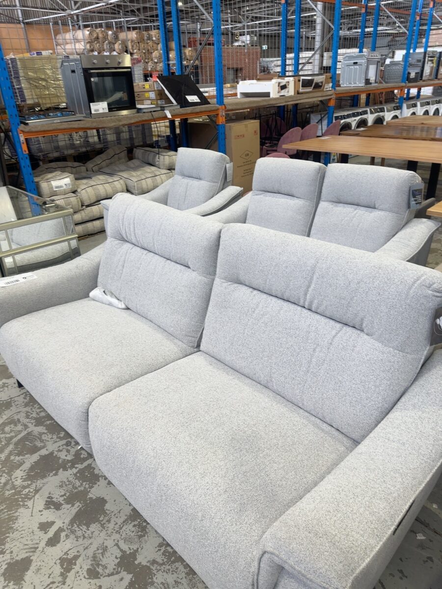 NEW SAMPLE COUCH - BENNETT LOUNGE SUITE, POLAR GREY BOUCLE UPHOLSTERY 3 SEATER, 2 SEATER AND SINGLE ARMCHAIR, ALL WITH ELECTRIC RECLINERS, SOLD AS IS
